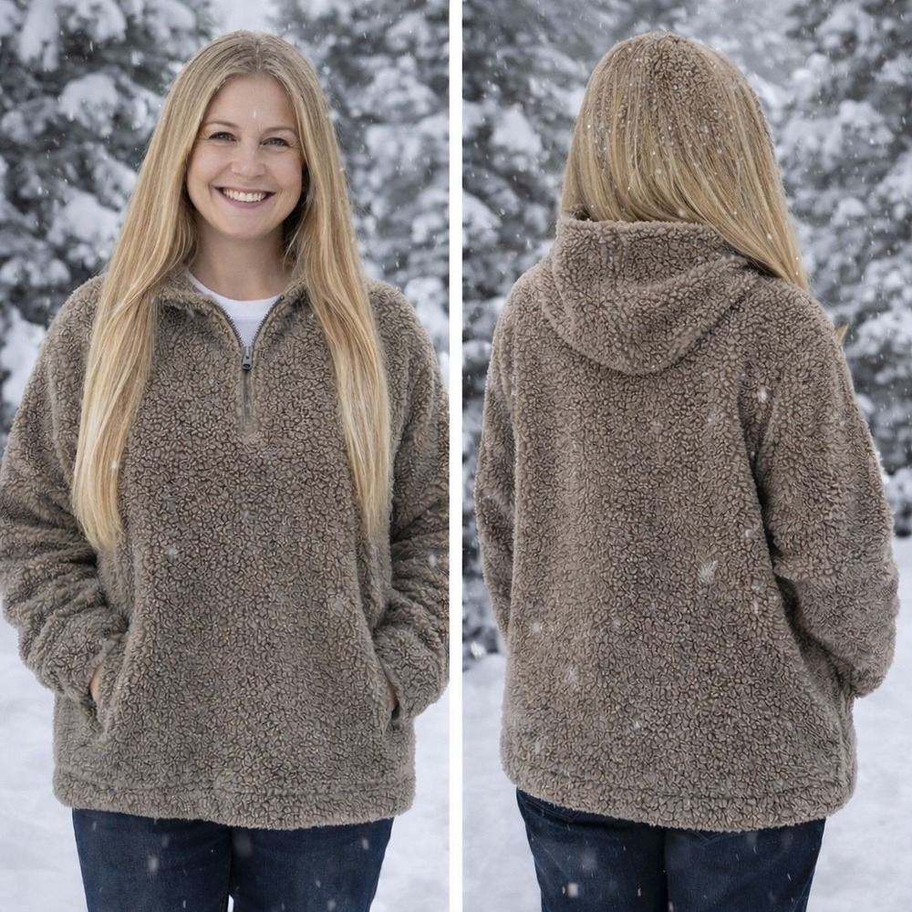 Koolaburra by‎ UGG Womens Sherpa Fleece Quarter Zip Hoodie Taupe Brown 2X
